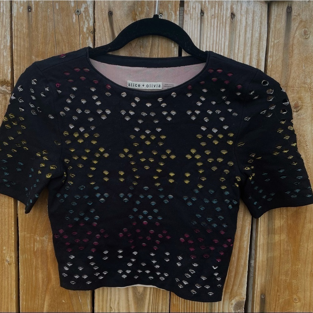 Alice + Olivia Black Cropped Top with Multicolor Eyelet Pattern